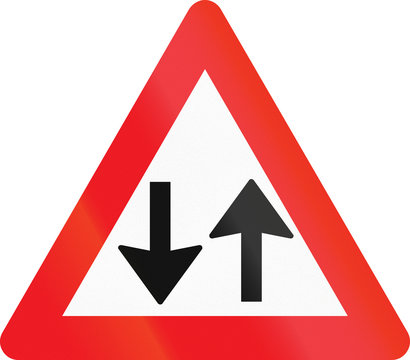 Warning road sign used in Denmark - Opposing traffic