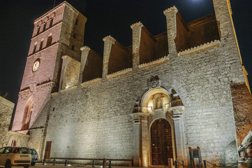 Cathedral in night lamps.Ibiza, Spain,