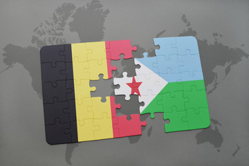puzzle with the national flag of belgium and djibouti on a world map background.