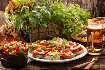 Obraz na płótnie Canvas Fresh healthy vegetarian sandwiches for breakfast and salad