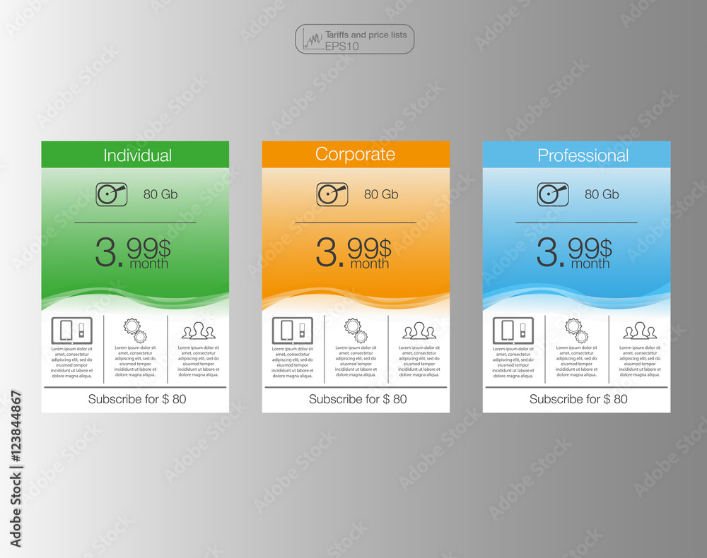 Aufkleber three banner, price list, interface for the site. vector banner for web app. 3 position.three vector