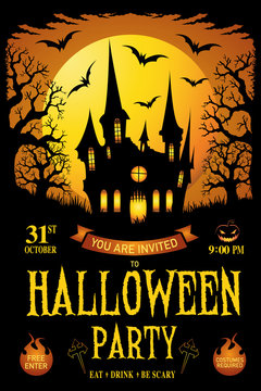 Halloween. trick or treat. Vector illustration. Happy Halloween Poster. Haunted house halloween background. Happy halloween card.  Halloween party flyer with pumpkins, tree in front of scary castle.