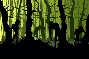 Vector illustration of zombies roaming a creepy night forest with mist