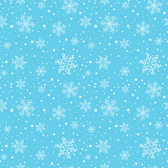 Seamless winter pattern with white snowflakes on light blue background. Vector illustration.