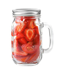 Fresh ingredients for delicious smoothie in glass jar on white background, closeup