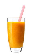 Glass of fresh delicious smoothie with straw on white background, closeup