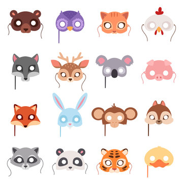 Set of cartoon animals party masks vector.