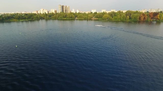 the Camera Flies Over the Surface of the River