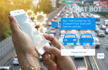 Chat bot , car sharing ,rental car and future marketing concept.Customer hand holding tablet find car share and popup out smart phone screen with automatic chatbot message screen, city view background