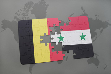 puzzle with the national flag of belgium and syria on a world map background.