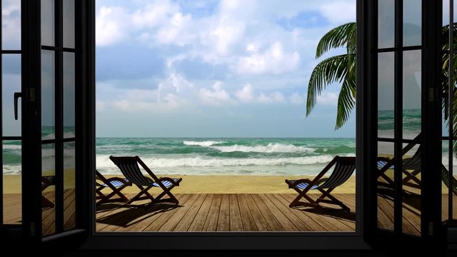 View through a window on the sea, palm trees near the hotel