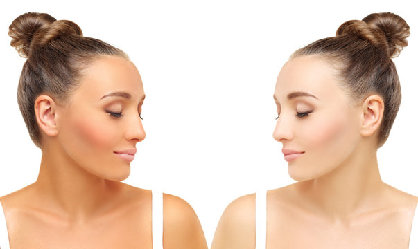 Two girls - tanned and natural. white background