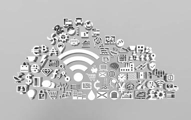Internet of things (IOT) and digital lifestyle concept . White Text, Wifi and icon features with gray background. 3d illustration