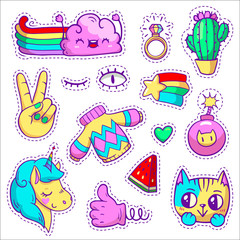 Vector neon patch badges with animals, characters and things. Hand-drawn stickers, pins in cartoon 80s-90s comics style. Set with unicorn, cloud, cat, cactus, watermelon, etc. Peace hand. Thumbs-up.