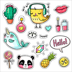 Fashion vector patch badges with animals, characters and things. Hand-drawn stickers, pins in cartoon 80s-90s comics style. Set with bird, narval, panda, pineapple, cactus, etc. Hello in text bubble.