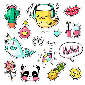 Fashion vector patch badges with animals, characters and things. Hand-drawn stickers, pins in cartoon 80s-90s comics style. Set with bird, narval, panda, pineapple, cactus, etc. Hello in text bubble.