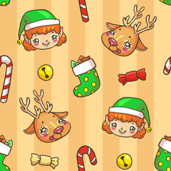 Christmas seamless striped pattern with deer, elf, candies in vector. Decorative doodle element, hand drawn design for print, wrapping, fabric, etc. Cute new year cartoon characters in comic style.