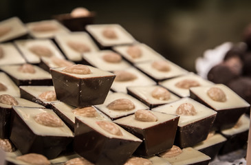 Handmade chocolate sweets in European local store in Lviv