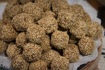 Handmade chocolate sweets in European local store in Lviv