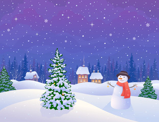 Winter village and snowman