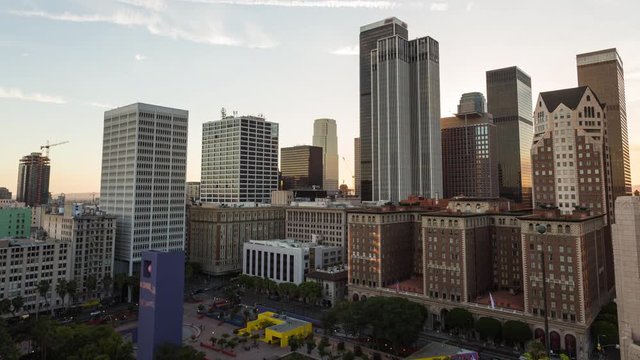 Downtown Los Angeles Skyline and Pershing Square Day To Night Sunset Timelapse
