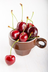 Juicy fresh cherries in brown cup