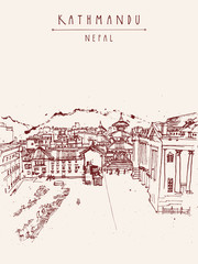 Durbar square and Maju Deval temple in Basantapur, Kathmandu, Nepal, before the earthquake. Travel sketch. Hand drawn vintage postcard, poster template or book illustration in vector
