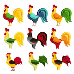 Set of rooster symbol of 2017 Chinese New Year calendar isolated on white background. Cartoon characters of cock or rooster. Vector illustration. © studioworkstock