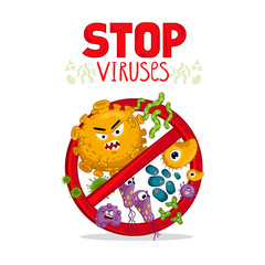 Cartoon viruses characters isolated vector illustration on white background. Cute fly germ virus infection vector characters. Funny micro bacteria characters. Stop viruses symbol. Microbe, Pathogen.