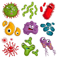 Cartoon bacteria characters isolated vector illustration on white background. Cute fly germ virus infection vector characters. Funny micro bacteria characters. Microbe, Pathogen.