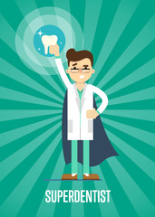 Male cartoon dentist in medical uniform and superhero blue cape holding big tooth on green striped background, vector illustration. Dental office banner. Oral hygiene, tooth health, dental care.