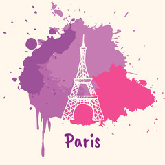 Fototapeta na wymiar Bright impressions in Paris. Eiffel tower doodle sketched white on pink and violet paint spot with splashes vector illustration. Journey in Europe. Emotive travel concept with architectural attraction