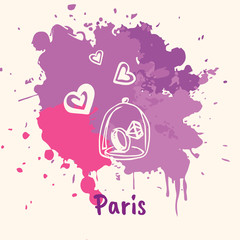 Bright impressions in Paris. Wedding ring and hearts doodle sketched white on violet and pink paint spot with splashes vector illustration. Journey in Europe. Emotive travel concept with romantic gift