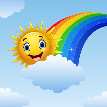 Smiling  sun character near the rainbow and clouds