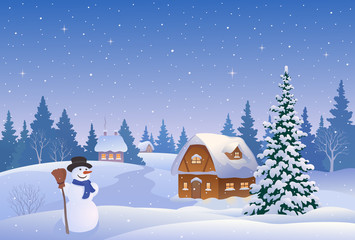 Christmas village and snowman