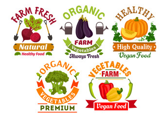 Fresh farm organic vegetables badges set