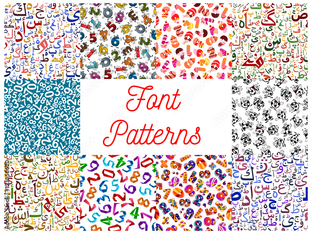 Aufkleber letters and numbers seamless patterns set