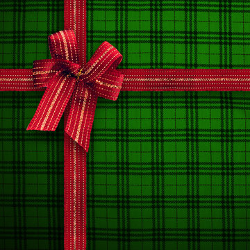 Green Hatch or scoth pattern gift and present box with red bow tie