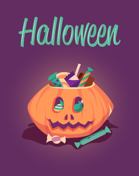 Happy Halloween greeting card. Vector poster illustration. Holiday pumpkin with candy