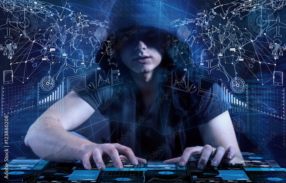Poster young hacker in data security concept