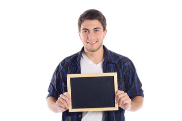 Latin man holding chalkboard.