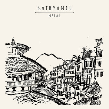 Temples of Durbar square, Himalayan mountains and residential buildings in Kathmandu, Nepal. Above city view. Hand drawn touristic postcard, poster, book illustration