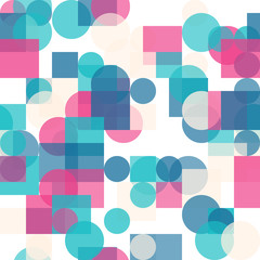 Seamless Geometric Bright Colors Pattern. Repetitive Texture. Modern Ornament with Transparen Circles and Squares. Abstract Vector Background