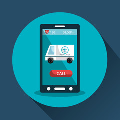 smartphone device and medical ambulance icon on screen over blue circle.vector illustration