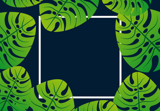 Green Tropical Monstera Leaves Frame Template