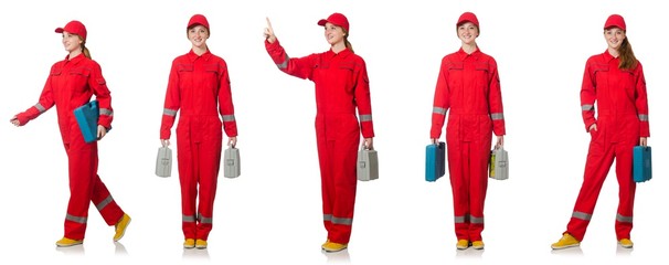 Woman in red overalls isolated on white