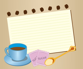 Note Card with cup of coffee sugar and spoon plus coffee beans