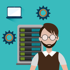 avatar man with data host device and laptop icon over blue background. vector illustration