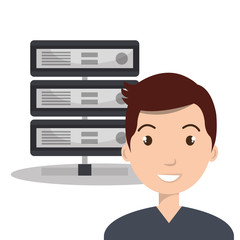avatar man smiling with data host device icon over white background. vector illustration