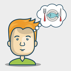 avatar man smiling thinking in fish dish food over background. vector illustration